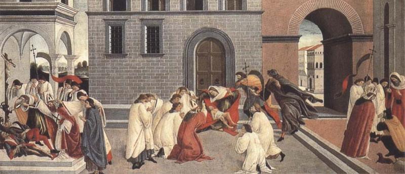 Sandro Botticelli Three Miracles of St Zanobius:driving the demon out of two youths,reviving a dead child,restoring sight to a blind man Norge oil painting art